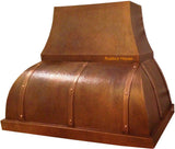 Two-section copper hood featuring sleek top and bold bottom with decorative straps