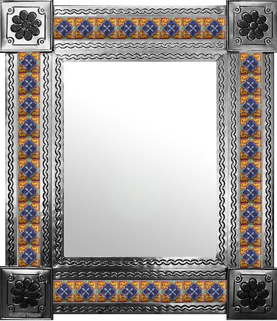 handcrafted natural tin tile mirror blue yellow terracotta