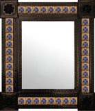 handcrafted dark metal tile mirror blue yellow terracotta