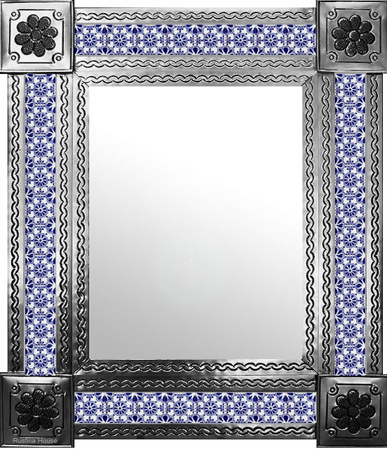 hand hammered natural tin tile mirror blue white