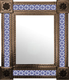 hand hammered old copper tin tile mirror blue white