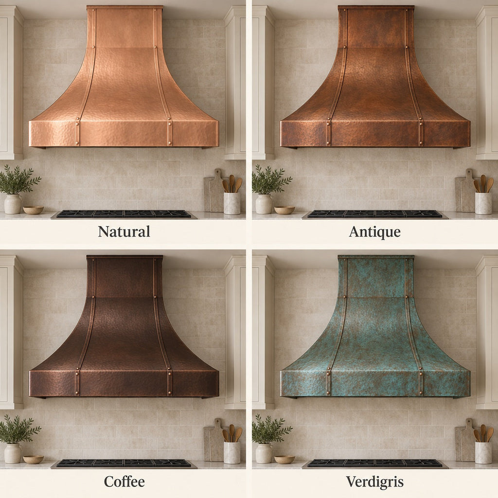Copper Range Hood Finishes: Natural, Antique, Coffee, and Verdigris Compared