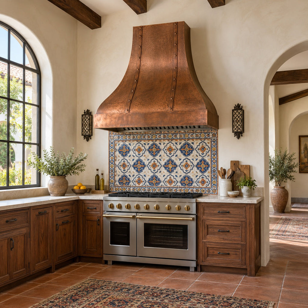 Copper Range Hoods for Spanish Colonial Kitchens with Hand-Painted Tile Backsplashes