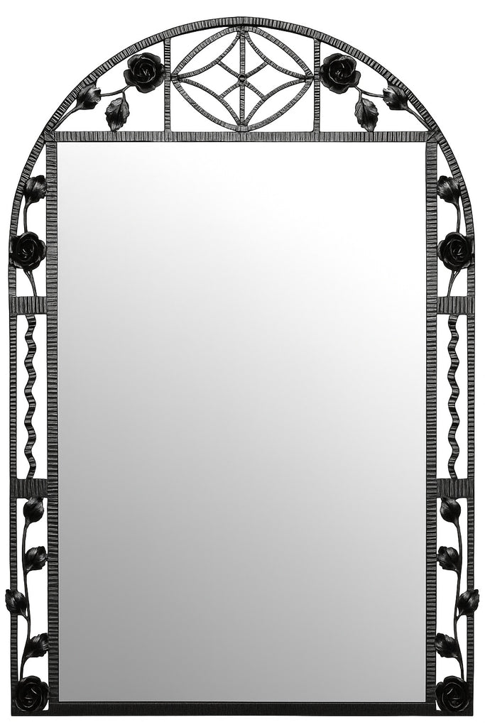 Art Deco Rose Wrought Iron Wall Mirror featuring a tall arched frame with hand-forged black iron roses, twisted side columns, and geometric top details, blending floral motifs with elegant Art Deco craftsmanship.