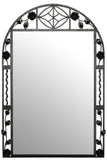 Art Deco Rose Wrought Iron Wall Mirror featuring a tall arched frame with hand-forged black iron roses, twisted side columns, and geometric top details, blending floral motifs with elegant Art Deco craftsmanship.