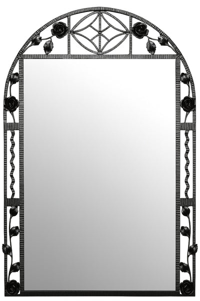 Art Deco Rose Wrought Iron Wall Mirror featuring a tall arched frame with hand-forged black iron roses, twisted side columns, and geometric top details, blending floral motifs with elegant Art Deco craftsmanship.