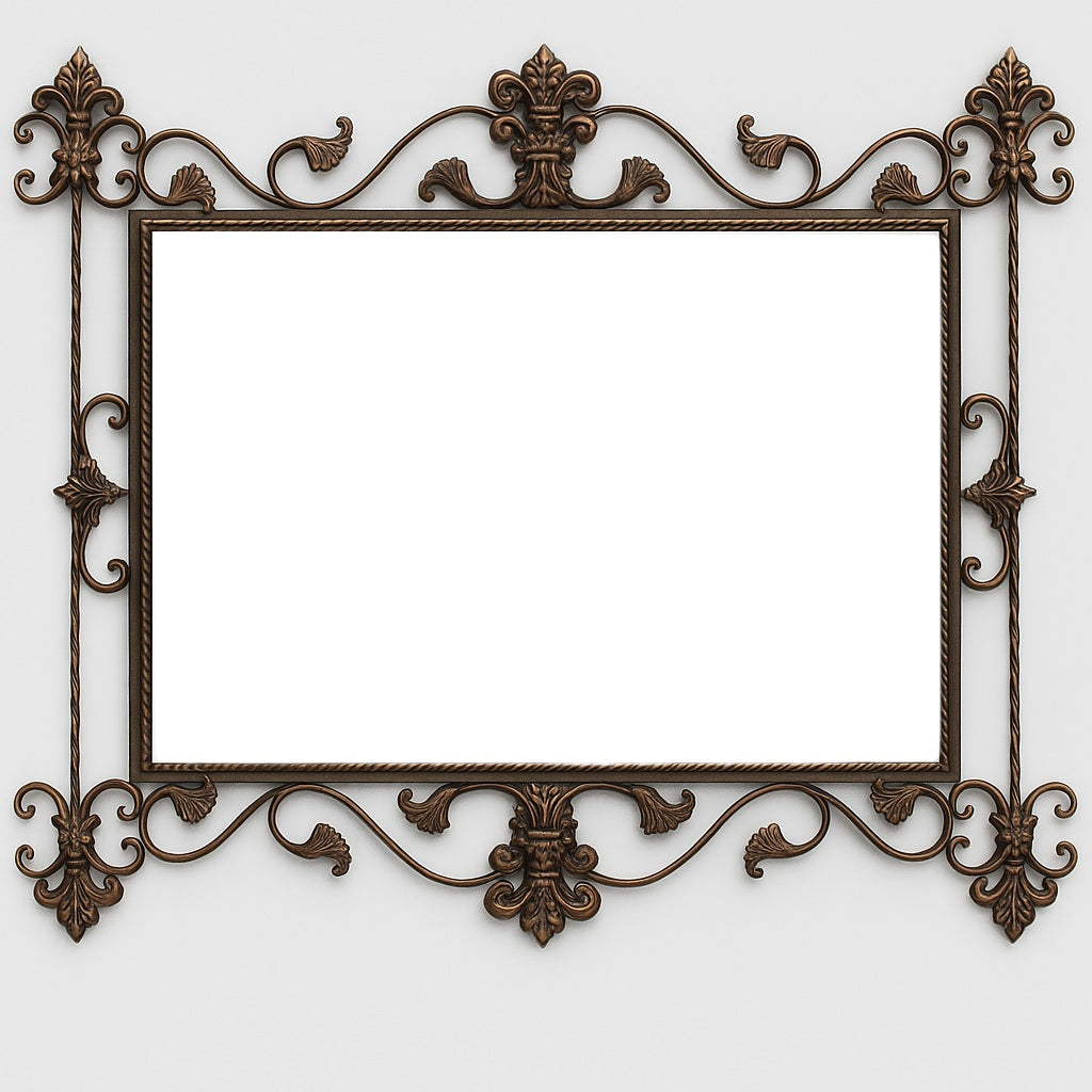 Baroque Crest Wrought Iron Wall Mirror with a large rectangular reflective surface framed by ornate bronze-tone iron scrolls, crests, and leaf motifs, showcasing detailed handcrafted baroque artistry.