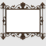 Baroque Crest Wrought Iron Wall Mirror with a large rectangular reflective surface framed by ornate bronze-tone iron scrolls, crests, and leaf motifs, showcasing detailed handcrafted baroque artistry.