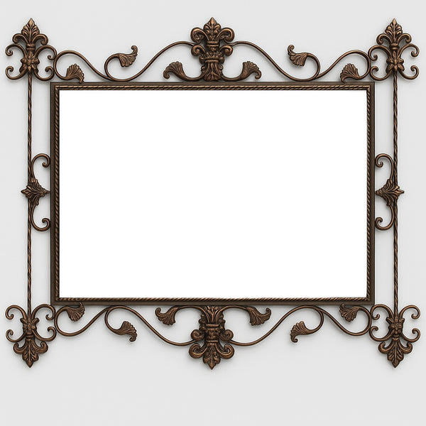 Baroque Crest Wrought Iron Wall Mirror with a large rectangular reflective surface framed by ornate bronze-tone iron scrolls, crests, and leaf motifs, showcasing detailed handcrafted baroque artistry.
