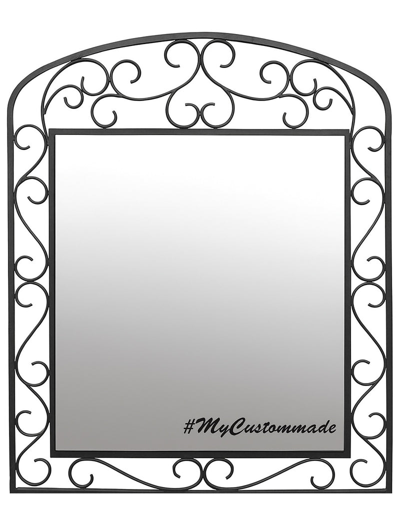 Classic Arch Wrought Iron Wall Mirror with a rectangular reflective surface framed by an arched black iron structure, featuring symmetrical scrollwork along the edges and top for a refined handcrafted appearance.