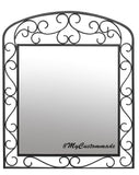 Classic Arch Wrought Iron Wall Mirror with a rectangular reflective surface framed by an arched black iron structure, featuring symmetrical scrollwork along the edges and top for a refined handcrafted appearance.