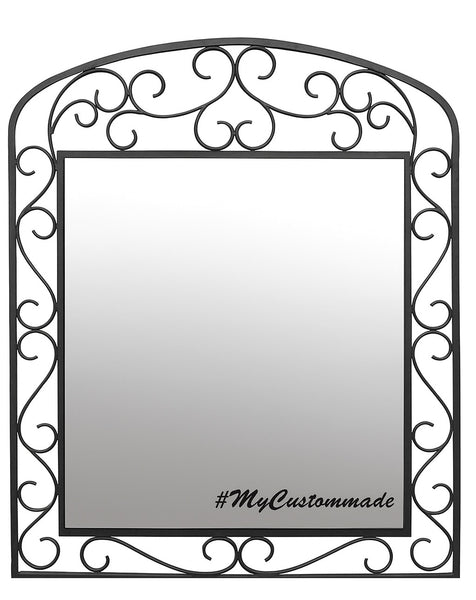 Classic Arch Wrought Iron Wall Mirror with a rectangular reflective surface framed by an arched black iron structure, featuring symmetrical scrollwork along the edges and top for a refined handcrafted appearance.