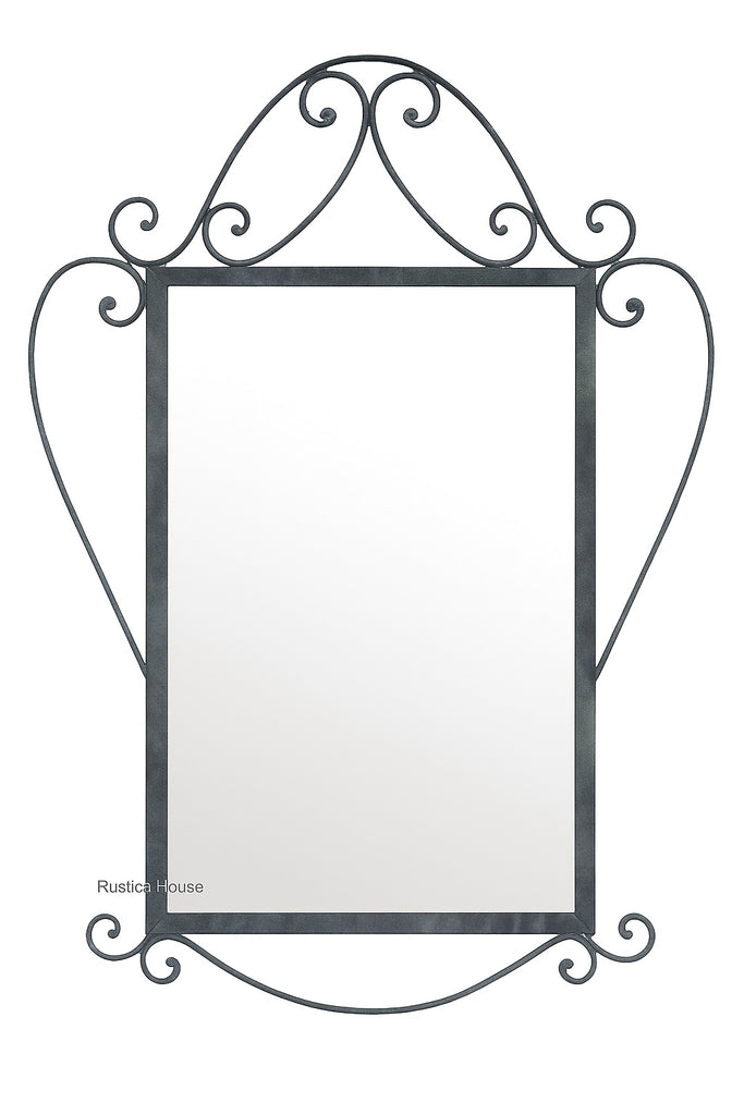 Elegant Curved Wrought Iron Wall Mirror with a rectangular reflective surface framed by gracefully curved black iron scrolls on the top, sides, and bottom, showcasing refined handcrafted artistry.