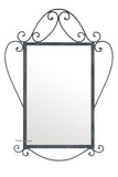 Elegant Curved Wrought Iron Wall Mirror with a rectangular reflective surface framed by gracefully curved black iron scrolls on the top, sides, and bottom, showcasing refined handcrafted artistry.
