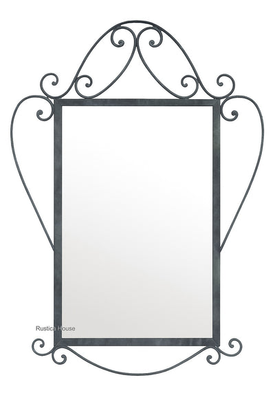 Elegant Curved Wrought Iron Wall Mirror with a rectangular reflective surface framed by gracefully curved black iron scrolls on the top, sides, and bottom, showcasing refined handcrafted artistry.