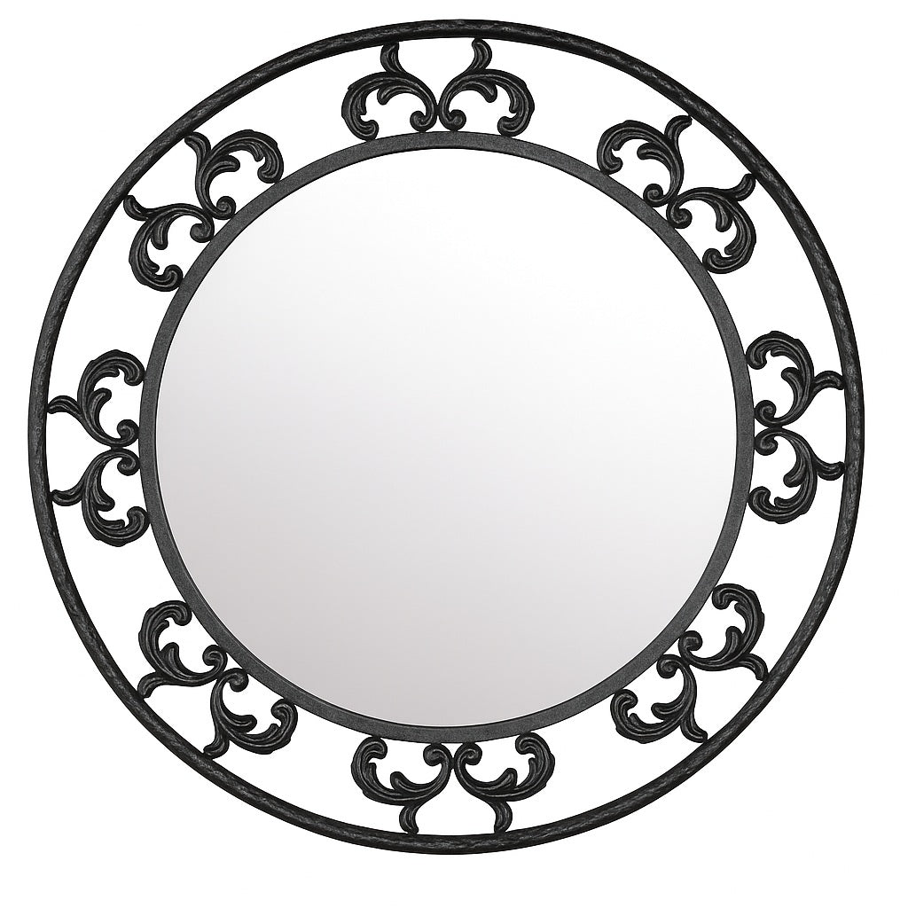 French Scroll Wrought Iron Wall Mirror featuring a round reflective surface encircled by a decorative black iron frame with symmetrical scroll motifs, combining traditional craftsmanship and timeless elegance.