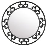 French Scroll Wrought Iron Wall Mirror featuring a round reflective surface encircled by a decorative black iron frame with symmetrical scroll motifs, combining traditional craftsmanship and timeless elegance.