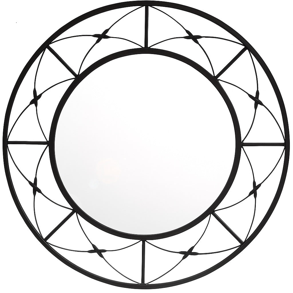 Geometric Star Wrought Iron Wall Mirror featuring a round reflective surface framed by intersecting black iron lines forming an elegant star-inspired pattern with handcrafted symmetrical detailing.