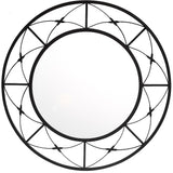Geometric Star Wrought Iron Wall Mirror featuring a round reflective surface framed by intersecting black iron lines forming an elegant star-inspired pattern with handcrafted symmetrical detailing.