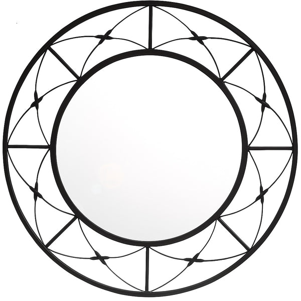 Geometric Star Wrought Iron Wall Mirror featuring a round reflective surface framed by intersecting black iron lines forming an elegant star-inspired pattern with handcrafted symmetrical detailing.