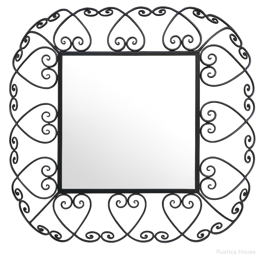 Heartframe Wrought Iron Wall Mirror with a square reflective center surrounded by a decorative black iron border made of repeating heart-shaped scrolls, showcasing handcrafted ornamental detailing.