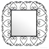 Heartframe Wrought Iron Wall Mirror with a square reflective center surrounded by a decorative black iron border made of repeating heart-shaped scrolls, showcasing handcrafted ornamental detailing.