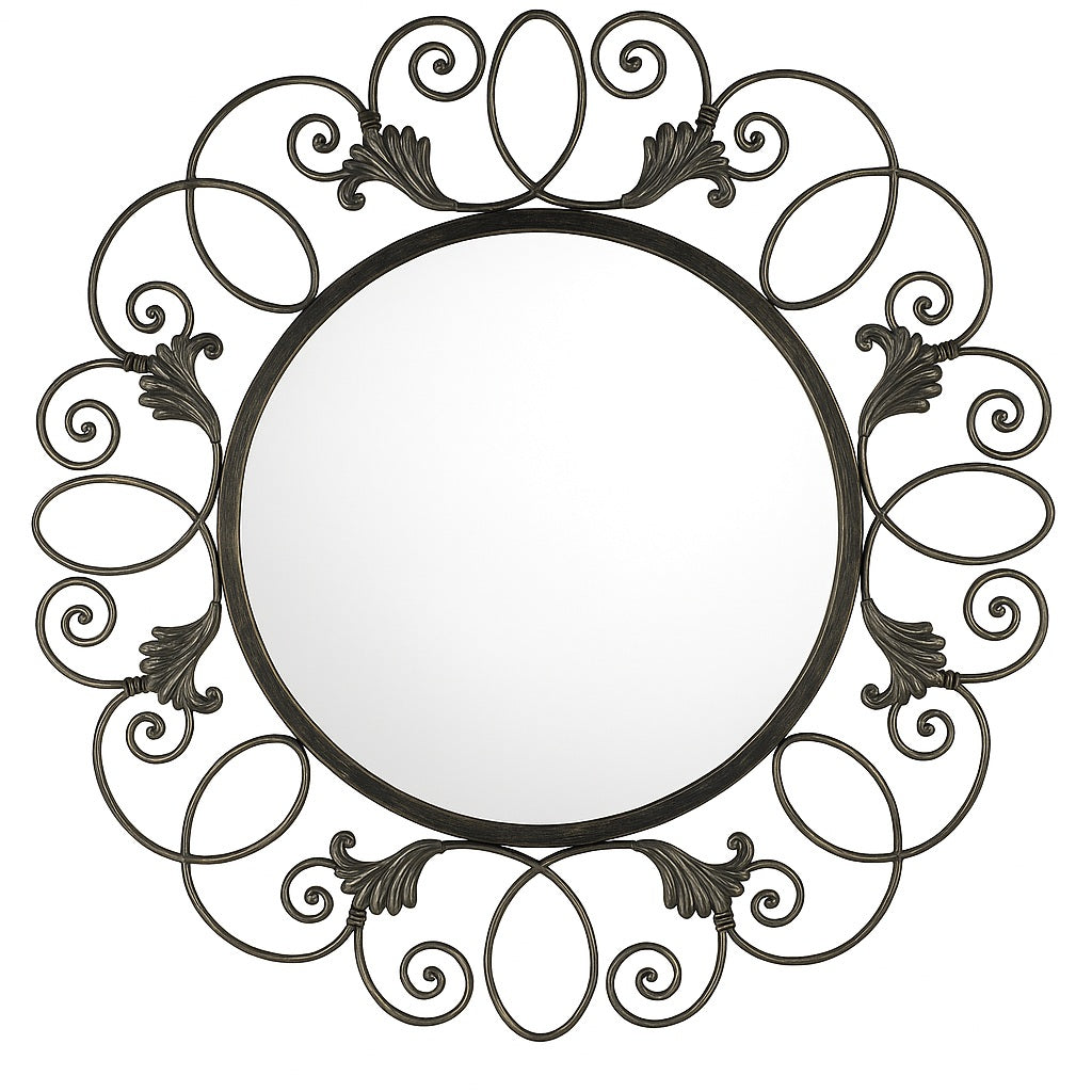 Leaf Crest Wrought Iron Wall Mirror with a round reflective center surrounded by an ornate black iron frame featuring looping scrolls and stylized leaf accents, showcasing elegant handcrafted detailing.