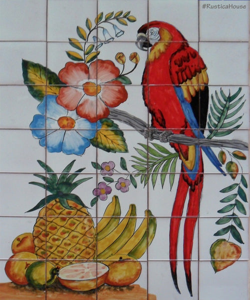 Flowers and Parrot Mexican Talavera Tile Mural 20x16