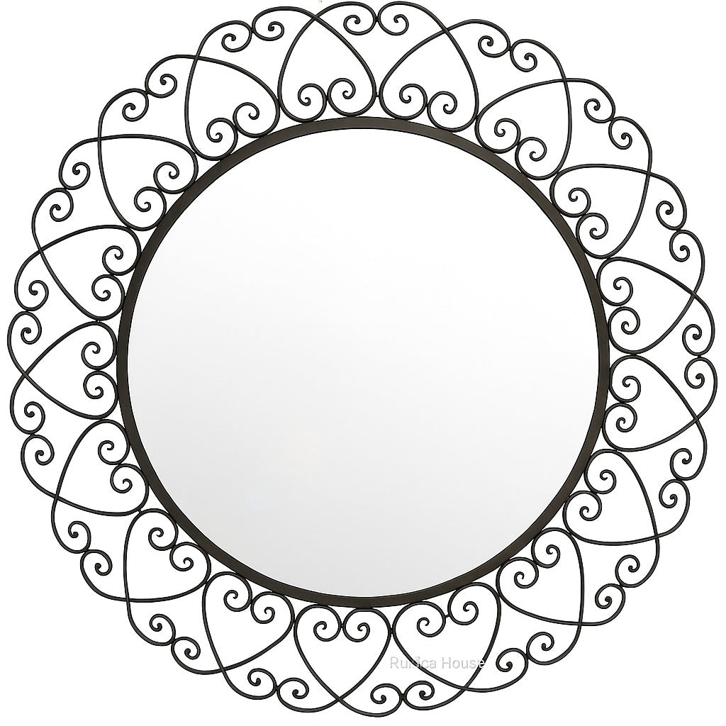 Ornate Heart Wrought Iron Wall Mirror with a circular glass center surrounded by a decorative black iron frame featuring continuous heart and scroll motifs, creating an elegant handcrafted appearance.