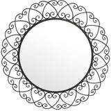 Ornate Heart Wrought Iron Wall Mirror with a circular glass center surrounded by a decorative black iron frame featuring continuous heart and scroll motifs, creating an elegant handcrafted appearance.