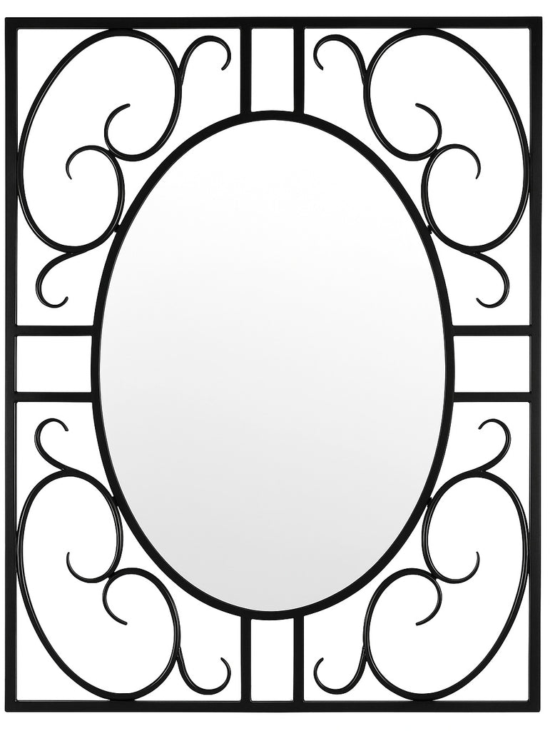 Grapevine Wrought Iron Wall Mirror with an oval reflective center framed by a black square iron structure featuring large symmetrical scrollwork motifs, combining classic ornamental curves with a clean modern layout.