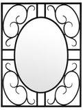 Grapevine Wrought Iron Wall Mirror with an oval reflective center framed by a black square iron structure featuring large symmetrical scrollwork motifs, combining classic ornamental curves with a clean modern layout.