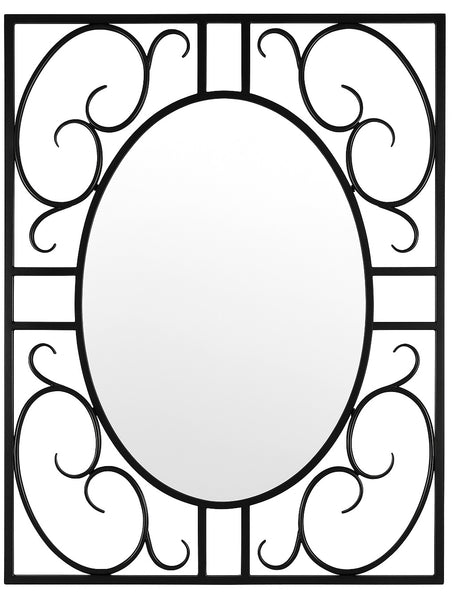 Grapevine Wrought Iron Wall Mirror with an oval reflective center framed by a black square iron structure featuring large symmetrical scrollwork motifs, combining classic ornamental curves with a clean modern layout.