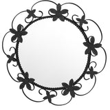 Petal Motif Wrought Iron Wall Mirror with a round reflective surface framed by black iron scrolls and multiple hand-forged petal-shaped accents arranged around the border, creating a decorative handcrafted look.