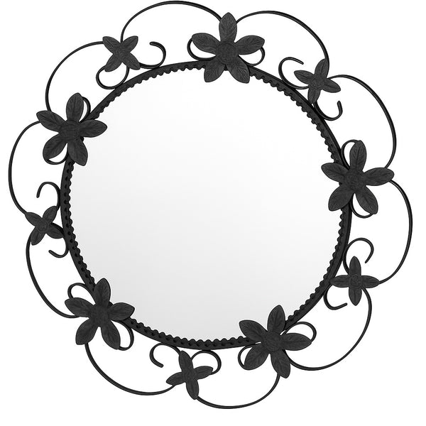 Petal Motif Wrought Iron Wall Mirror with a round reflective surface framed by black iron scrolls and multiple hand-forged petal-shaped accents arranged around the border, creating a decorative handcrafted look.