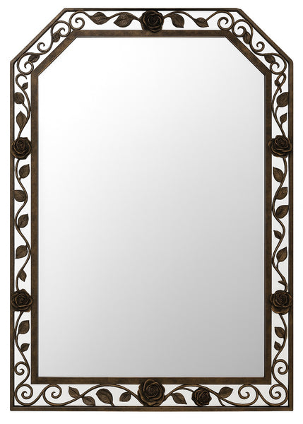 Rose Vine Wrought Iron Wall Mirror with a rectangular reflective surface framed by bronze-tone iron roses and flowing vine motifs along the sides, top, and bottom, showcasing detailed hand-forged craftsmanship.