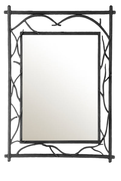 Rustic Branch Wrought Iron Wall Mirror with a square reflective surface framed by a dark iron structure resembling intertwined tree branches, showcasing natural textures and artisanal hand-forged craftsmanship.