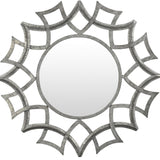 Sunburst Frame Wrought Iron Wall Mirror with a round reflective surface surrounded by an intricate geometric iron frame resembling overlapping sun rays, showcasing a handcrafted metallic finish with artistic symmetry.