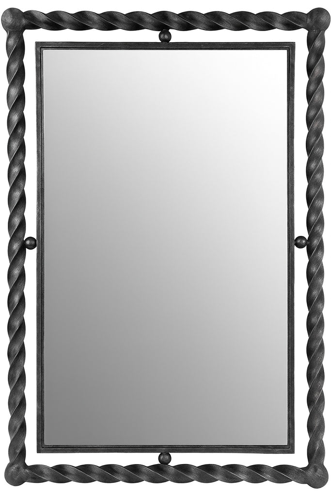 Twisted Frame Wrought Iron Wall Mirror with a rectangular reflective surface bordered by a hand-forged iron frame featuring a twisted rope design, combining rustic craftsmanship with classic decorative appeal.