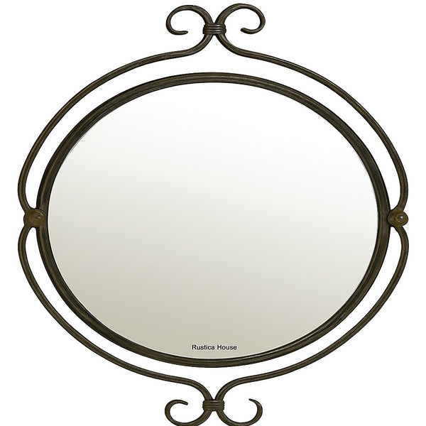 Vintage Scroll Wrought Iron Wall Mirror featuring a round reflective surface encased in a dark wrought iron frame with elegant scroll designs at the top and bottom, showcasing handcrafted artisan detailing.