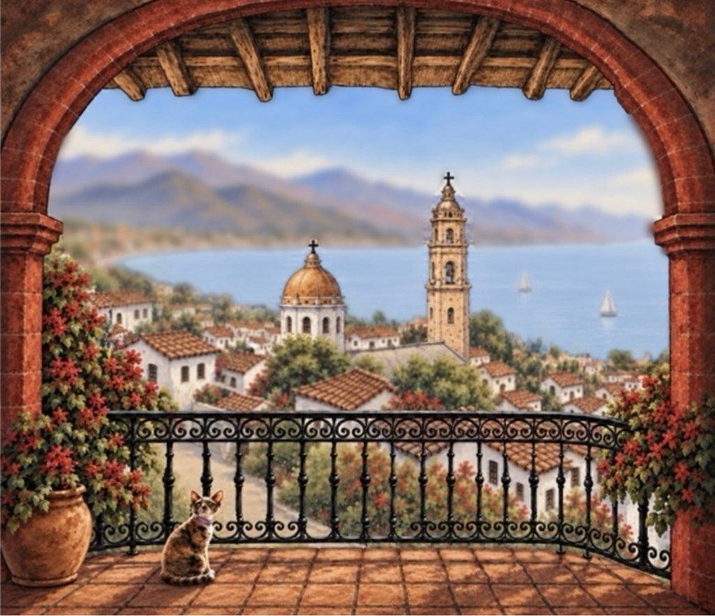 Mexican Balcony Landscape Tile Mural with Cat 24x20