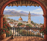 Mexican Balcony Landscape Tile Mural with Cat 24x20