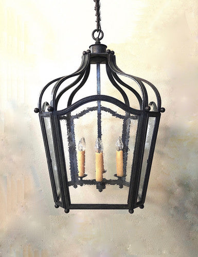 Custom Forged Iron Lantern with Seeded Glass Panels