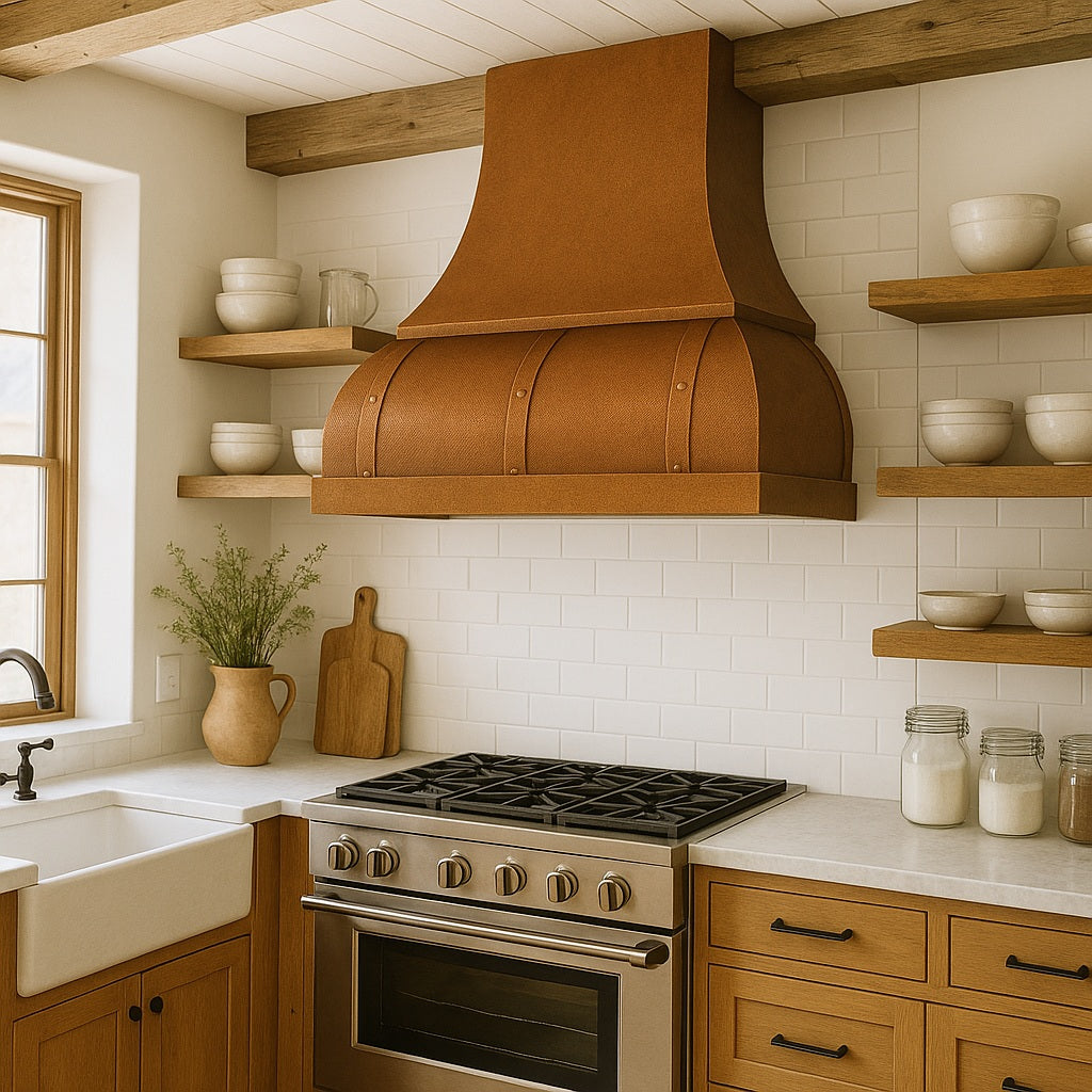 Hammered Copper Range Hood in Farmhouse Kitchen