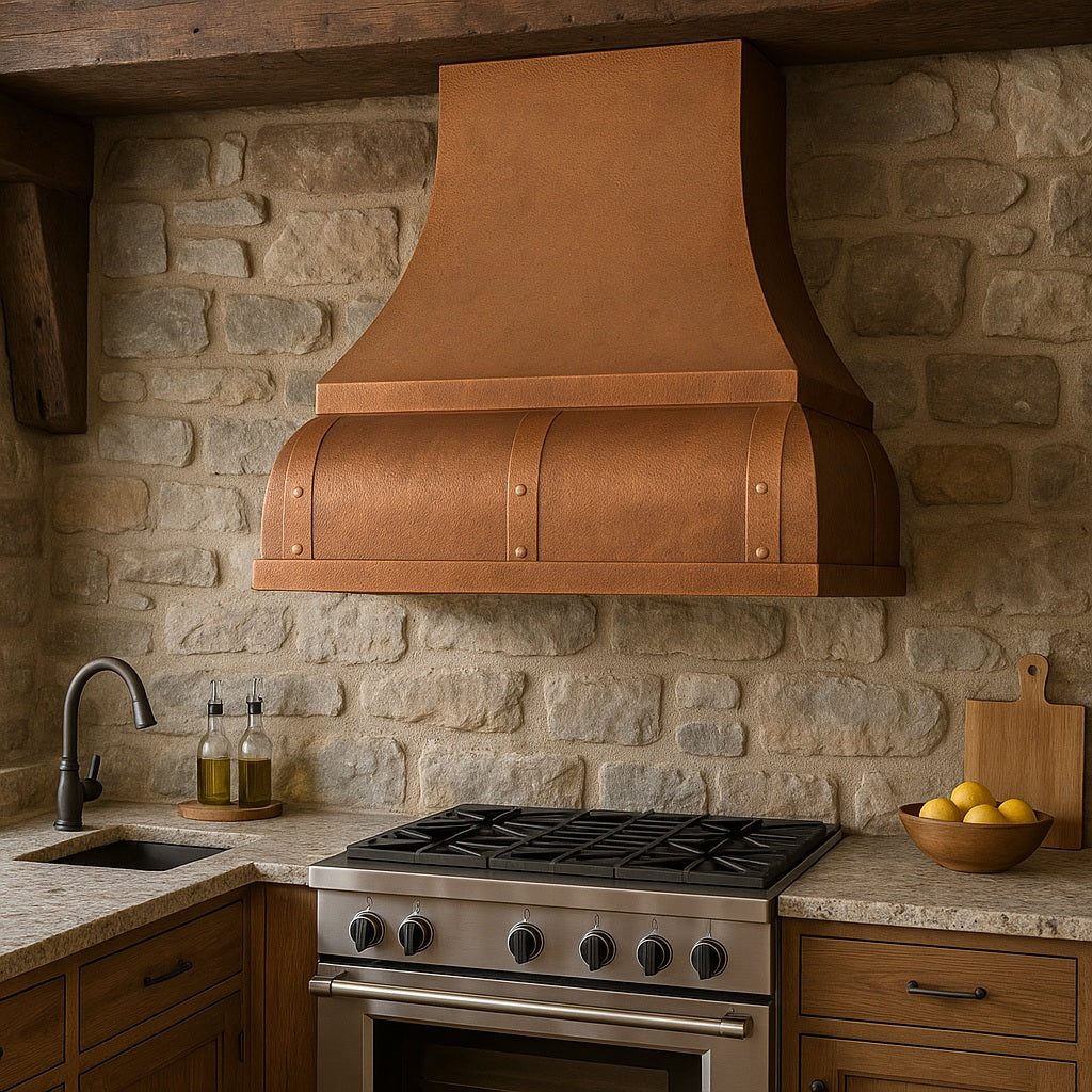 Hammered Copper Range Hood in Rustic Kitchen