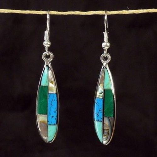 Turquoise, Abalone, and Malachite Ellipse Alpaca Silver Earrings Handmade and Fair Trade