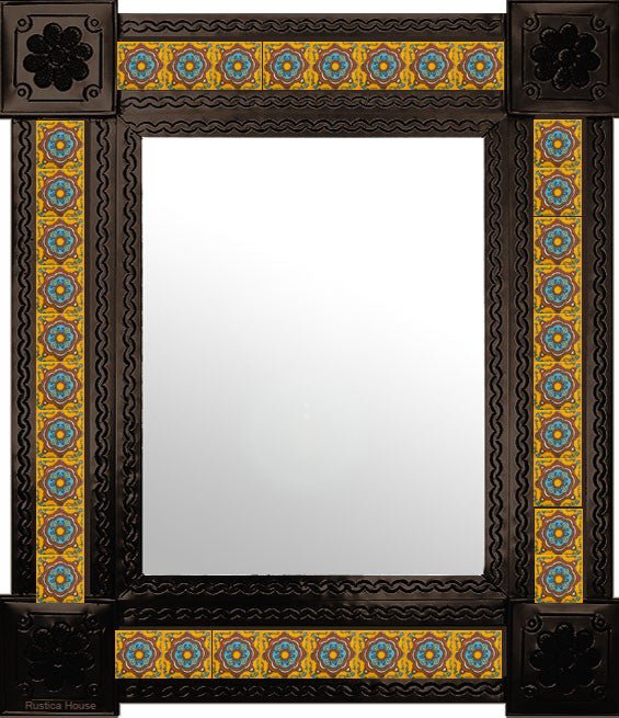 hand fabricated dark metal tile mirror sky blue terracotta yellow