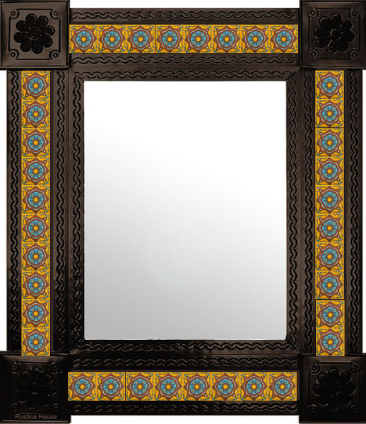 hand fabricated dark metal tile mirror sky blue terracotta yellow