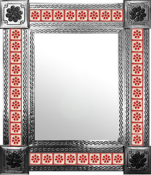 hand hammered natural tin tile mirror red white