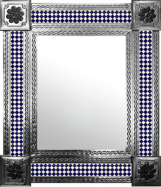 hand fabricated natural tin tile mirror dark blue white
